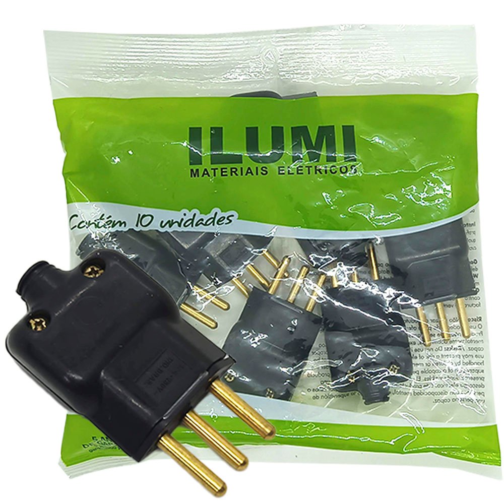 Plug Macho com Prensa Cabo 3 pinos de 10a para Extensão Tomada Kit 10 ...
