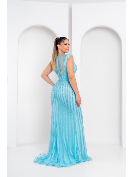 Vestido Longo Azul Tiffany Regata com Decote em V Bordado Saia Sereia