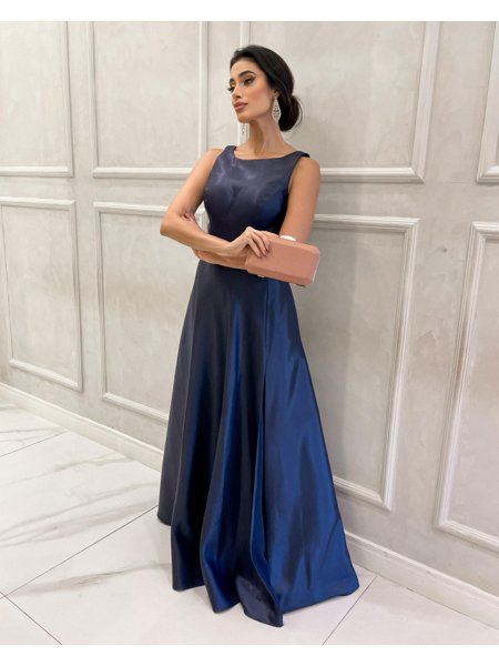 Vestido Longo  Azul Marinho Regata Cetim Prada com Fenda.