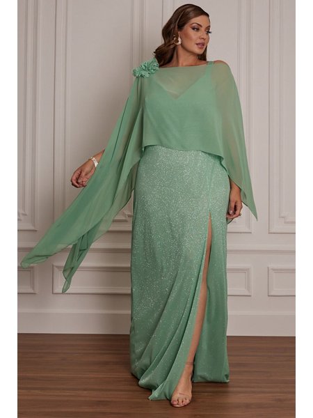 Vestido longo chiffon com brilho alça com capa Gal Festo Fashion
