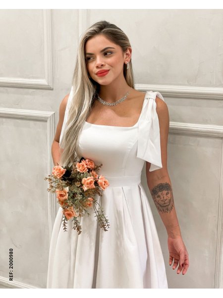 Vestido midi crepe acetinado regata com laço saia godê Stella