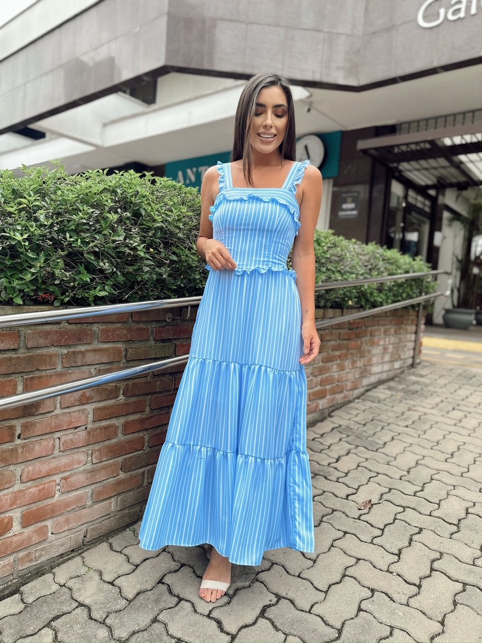 VESTIDO ESTER MIDI ALÇAS BABADO E CAMADAS AZUL EM 5X