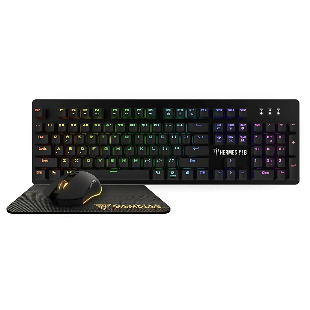 Kit Gamer Gamdias Hermes P1B, 3.200 DPI, Mecânico, EN, RGB, Preto