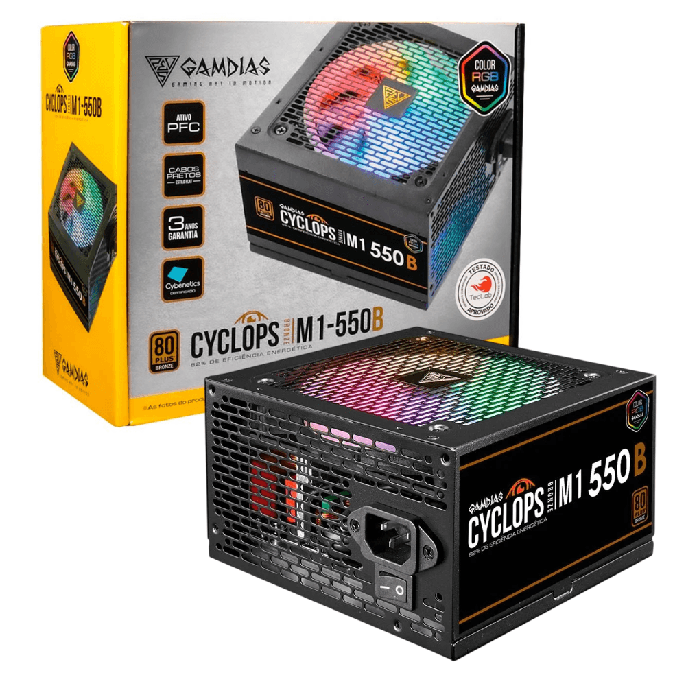 Fonte Gamdias Cyclops M1 RGB, 550W, 80 Plus Bronze, PFC Ativo, M1-550B