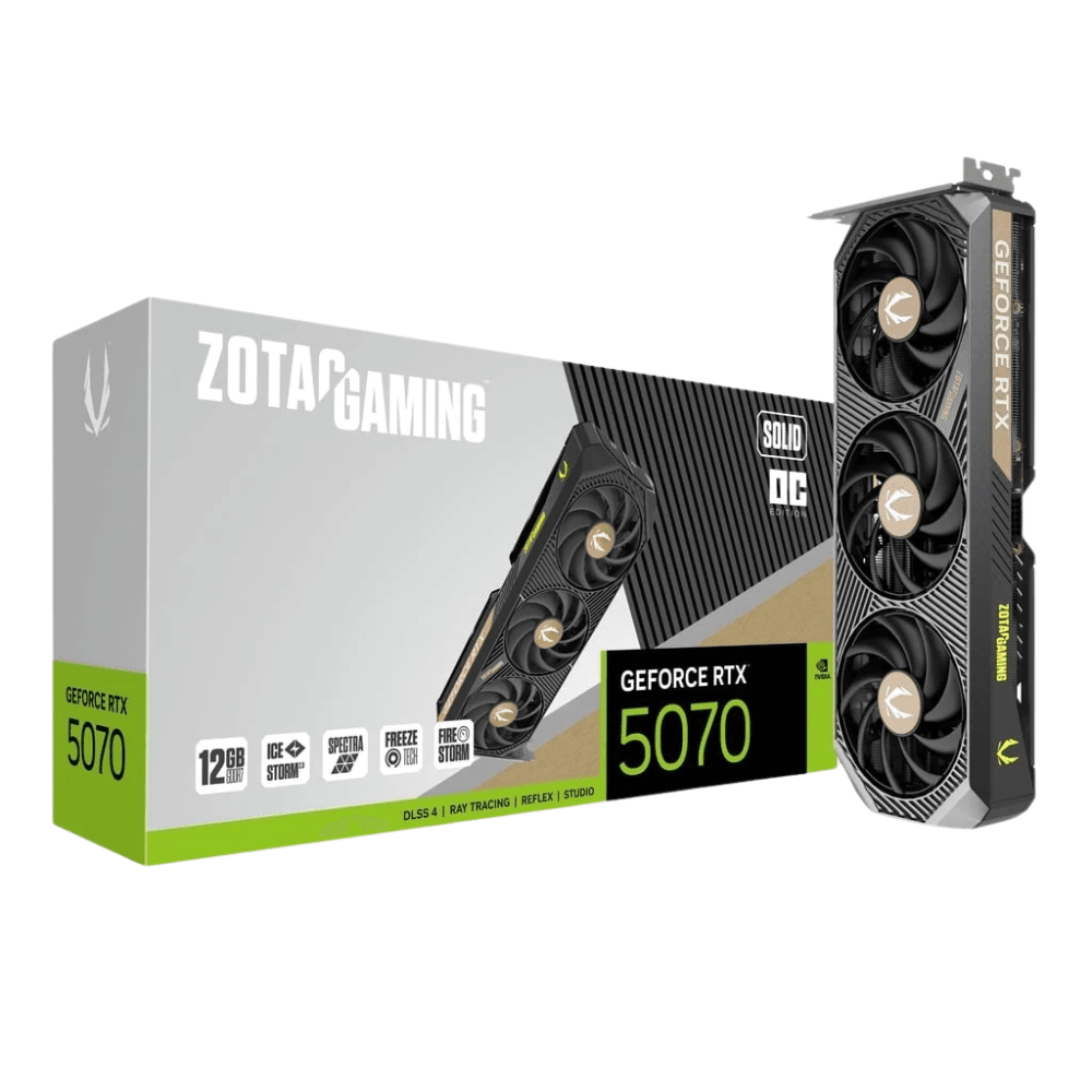 Placa de Vídeo ZOTAC GAMING GeForce RTX 5070 SOLID OC, 12GB, GDDR7, DLSS, Ray Tracing, ZT-B50700J-10P