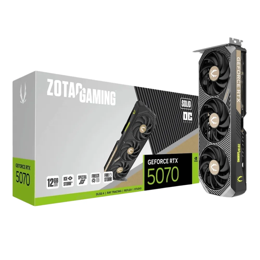 Placa de Vídeo ZOTAC GAMING GeForce RTX 5070 SOLID OC, 12GB, GDDR7, DLSS, Ray Tracing, ZT-B50700J-10P