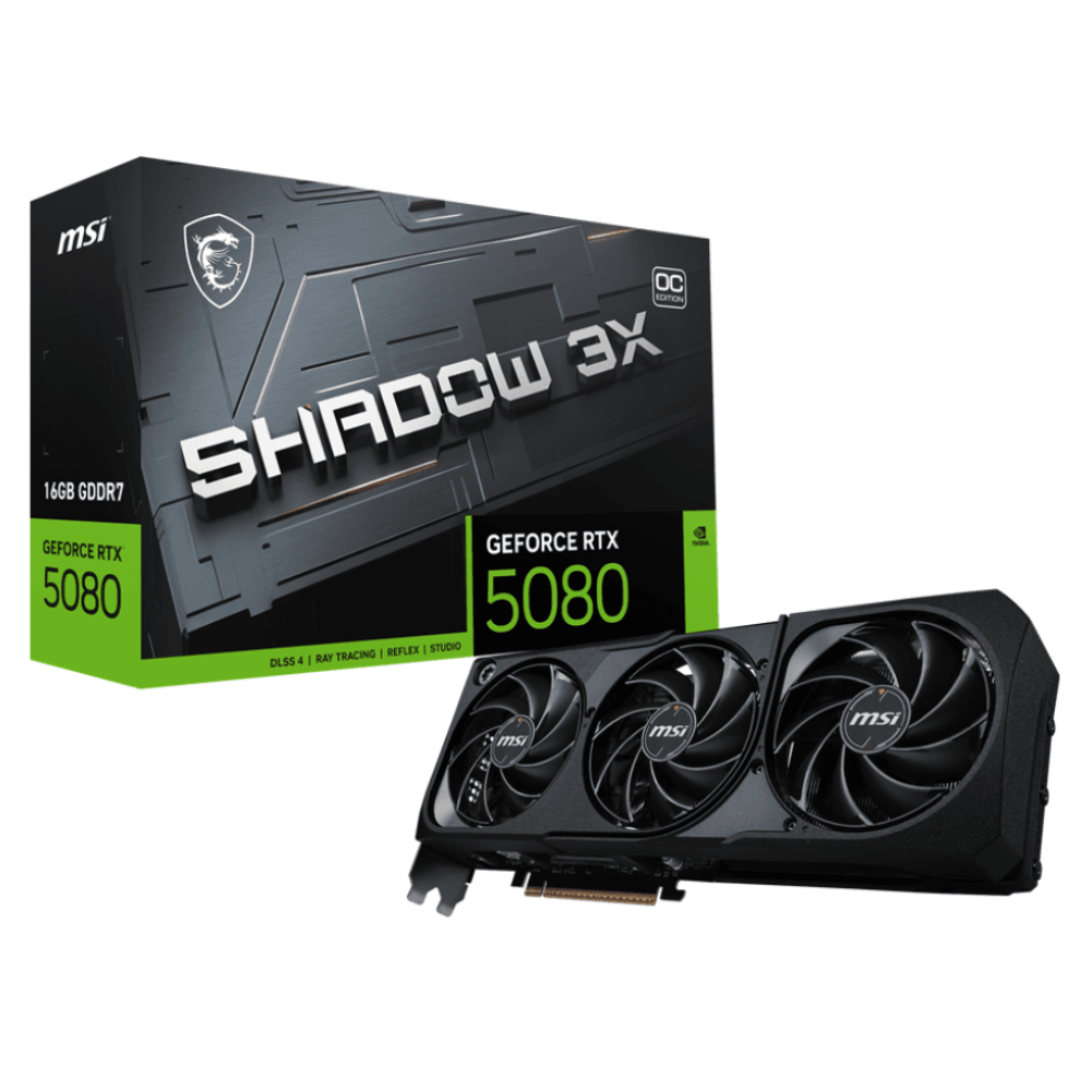Placa de Vídeo MSI GeForce RTX 5080 SHADOW 3X OC, 16GB, GDDR7, DLSS, Ray Tracing, 912-V531-628