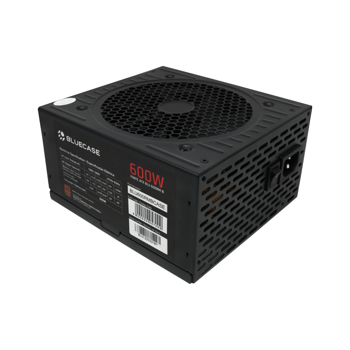 Fonte Bluecase, 600W, 80 Plus Bronze, Semi-Modular, PFC Ativo, BLU600R-B