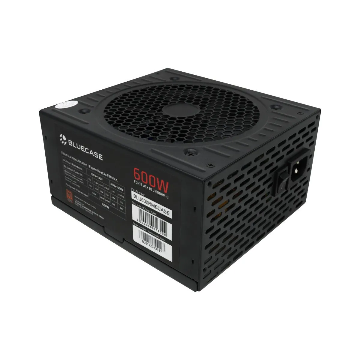 Fonte Bluecase, 600W, 80 Plus Bronze, Semi-Modular, PFC Ativo, BLU600R-B