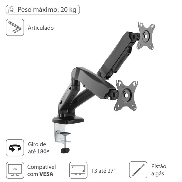 Suporte A Gás Para 2 Monitores 13 A 27 Vesa 100X100 Sm-341B, Enifler, Enifler