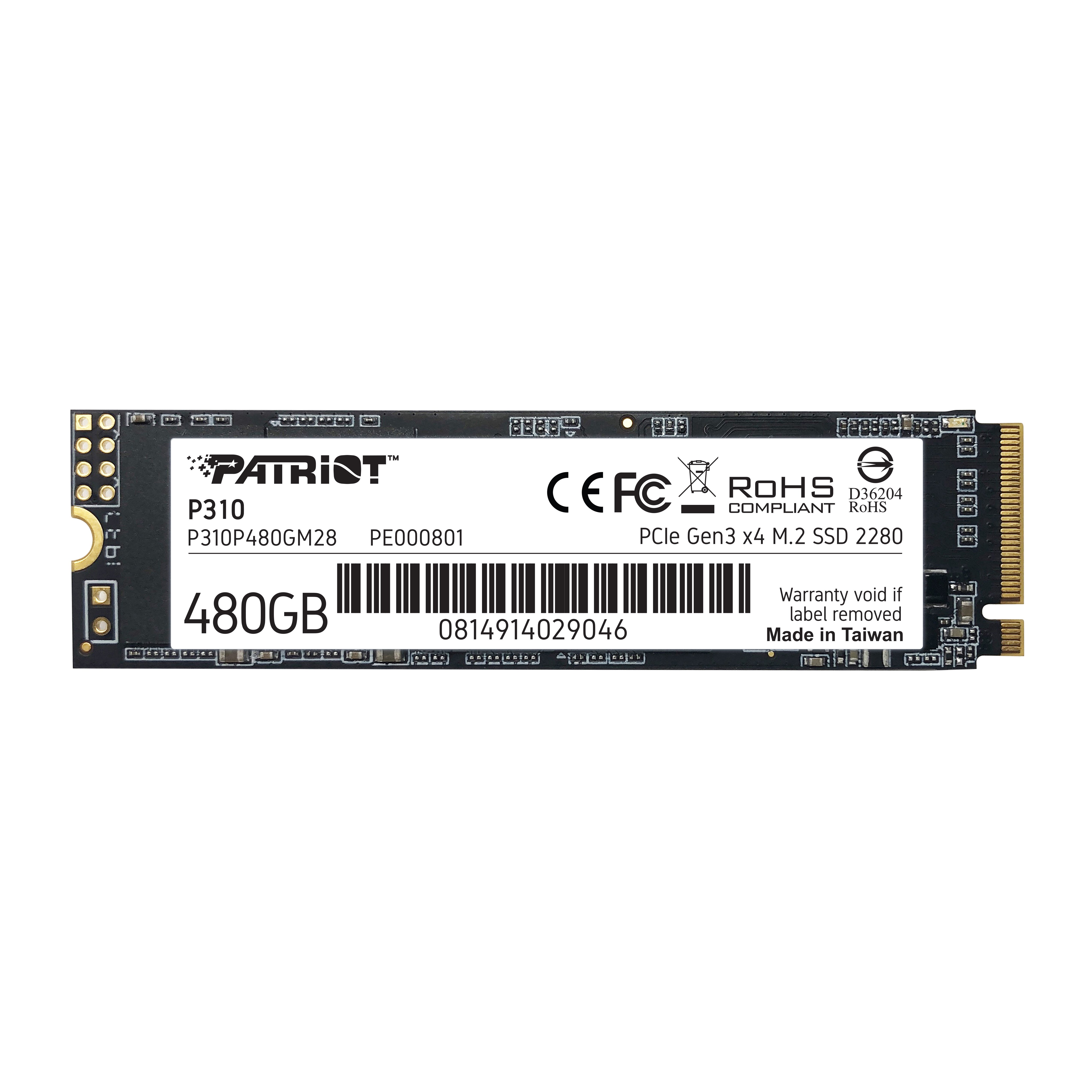 SSD Patriot P310, 480GB, M.2 2280, NVMe PCIe 3.0 x4, Leitura 1.700MB/s, Gravação 1.500MB/s - P310P480GM28