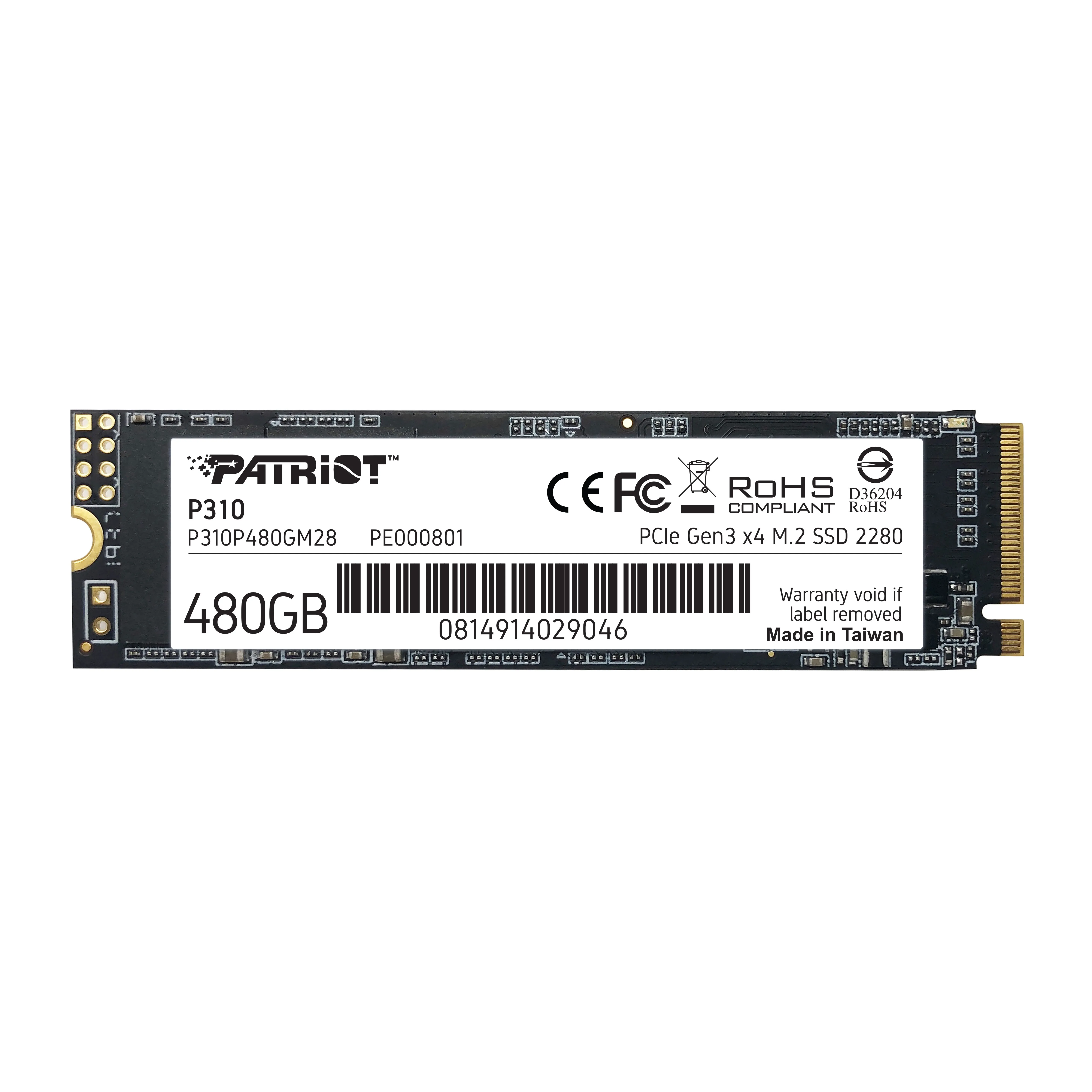 SSD Patriot P310, 480GB, M.2 2280, NVMe PCIe 3.0 x4, Leitura 1.700MB/s, Gravação 1.500MB/s - P310P480GM28