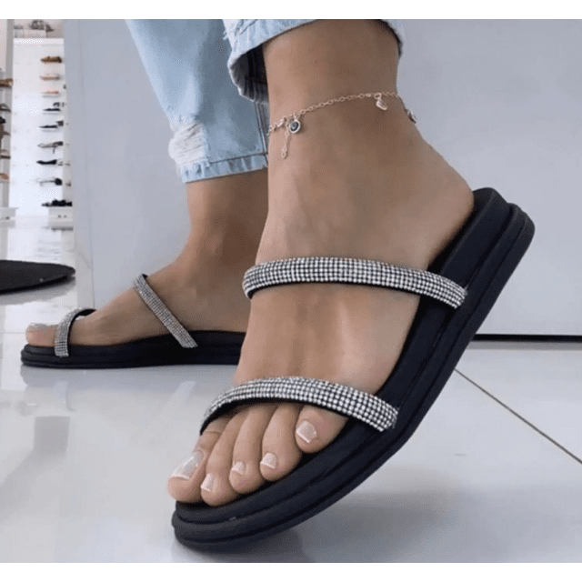 Chinelo Beira Rio Rasteira Feminina Strass Terê Calçados