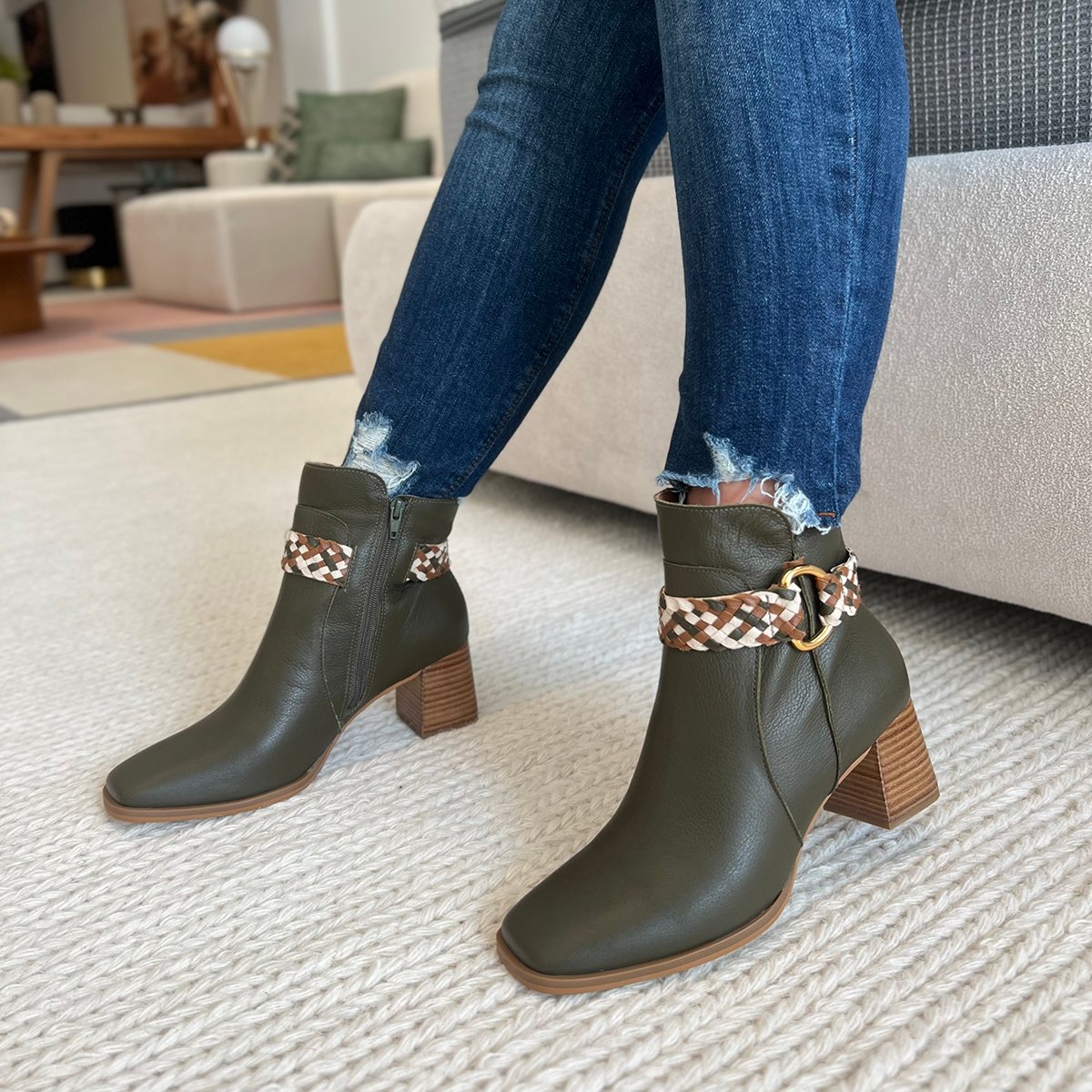 Dina Mirtz Sapato Bico Quadrado Salto Bloco Bota Com Bico Quadrado