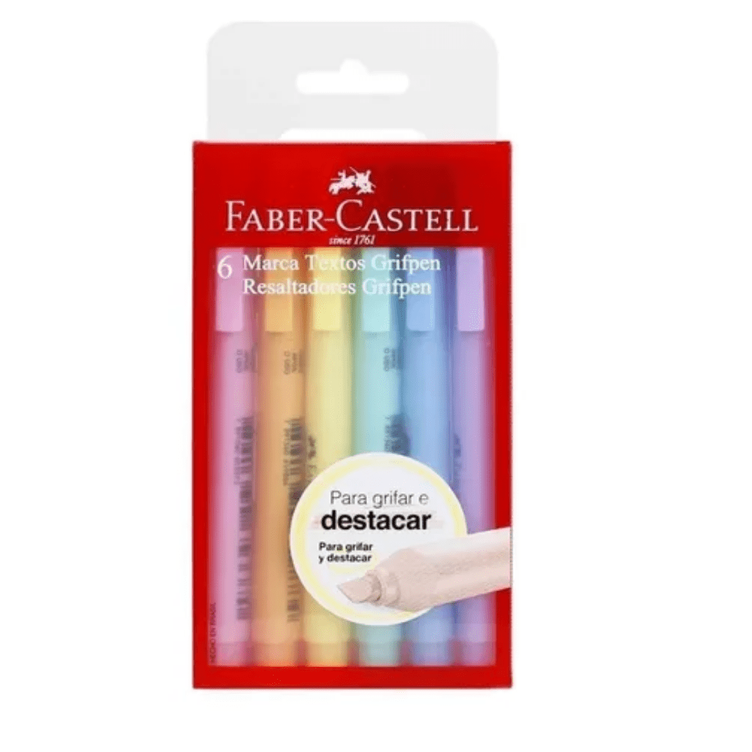 Marca Texto Faber Castell Grifpen Pastel Kit com 6 Cores Papelaria Art Pel