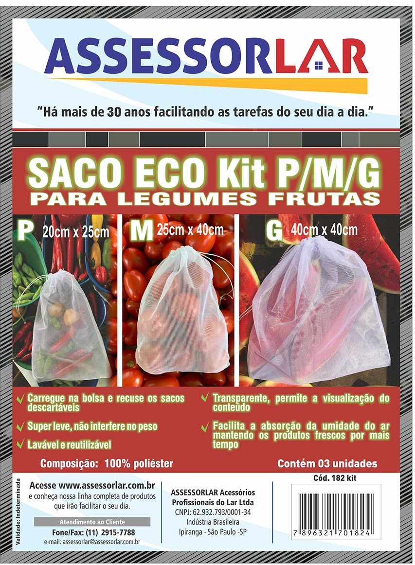 Saco para Frutas Ecobag KIT P/M/G 03 Unidades