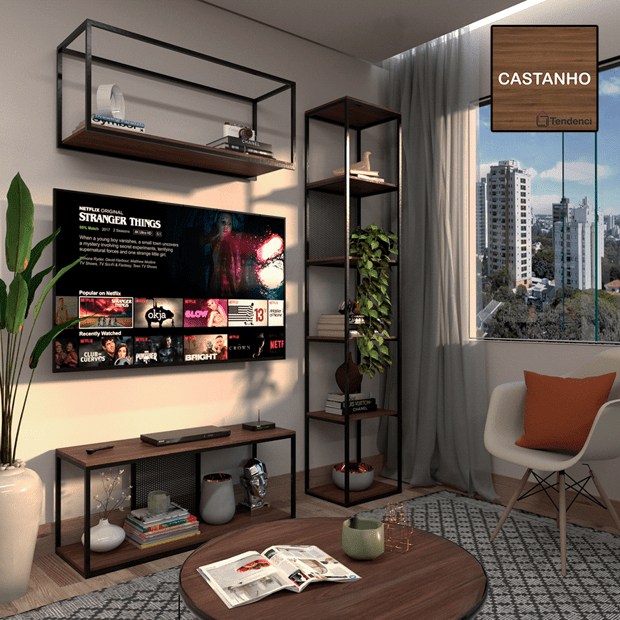 Estante de Metalon e Madeira para Sala de Tv Kit Wood | tendenci