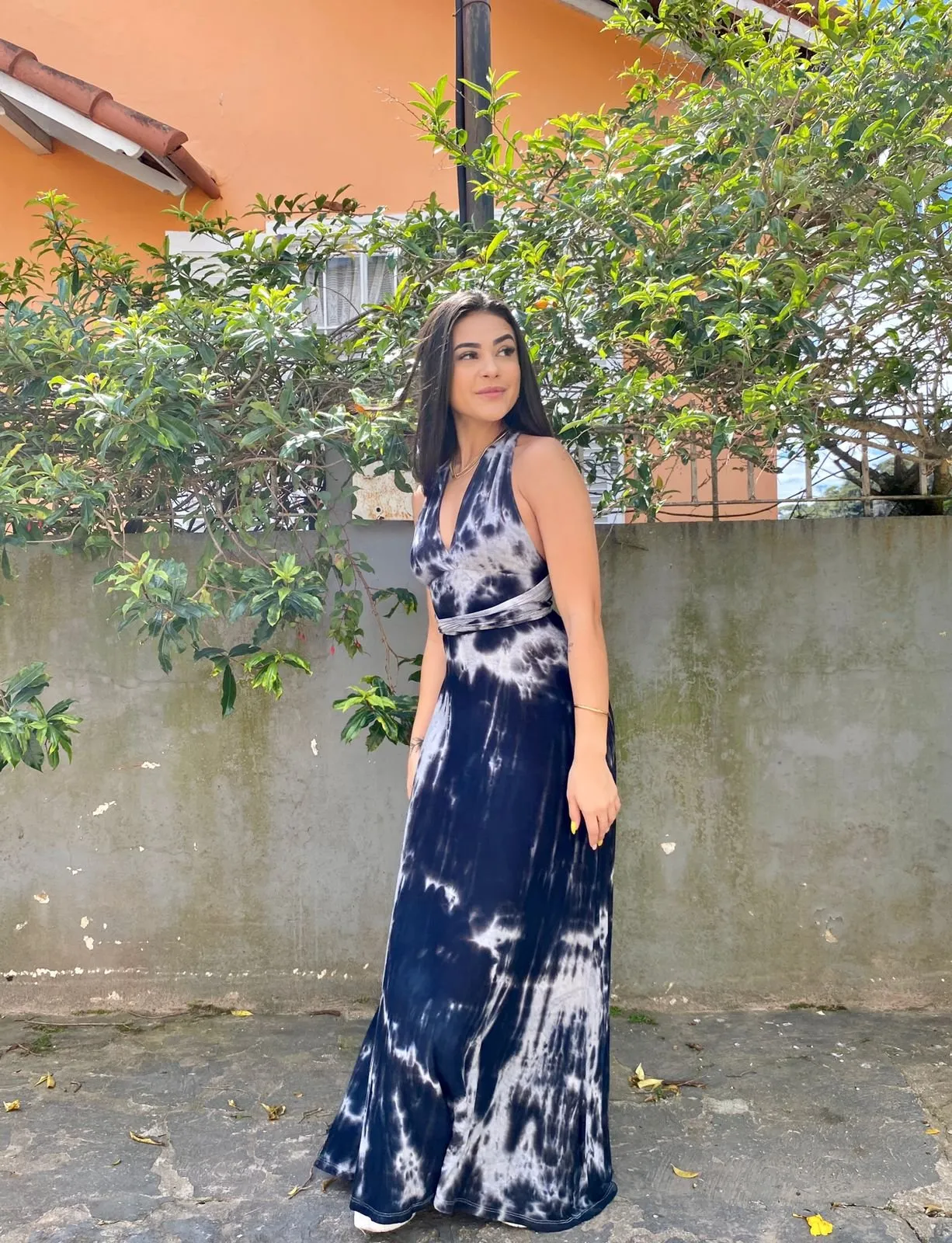 Vestido longo  de malha com elastano  Tie Dye