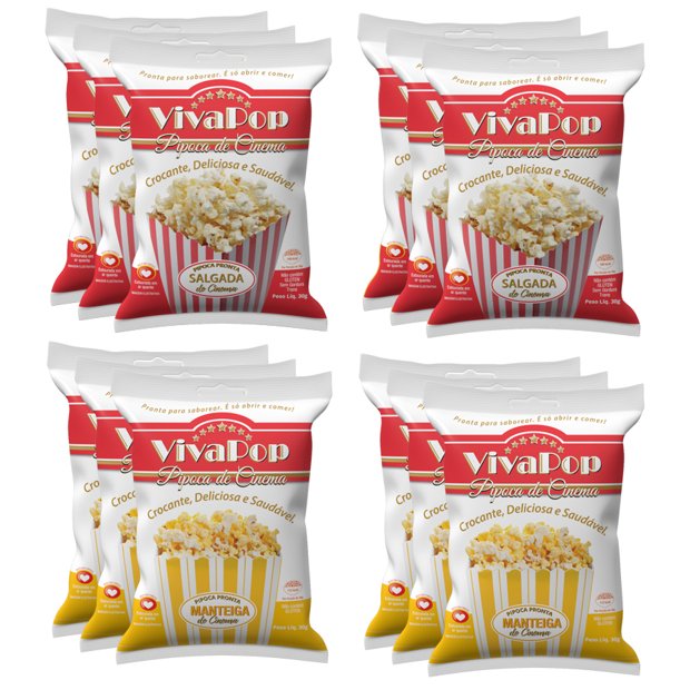 Kit 12 Pipocas Prontas 6 Manteiga de Cinema / 6 Tradicional Salgada VivaPop