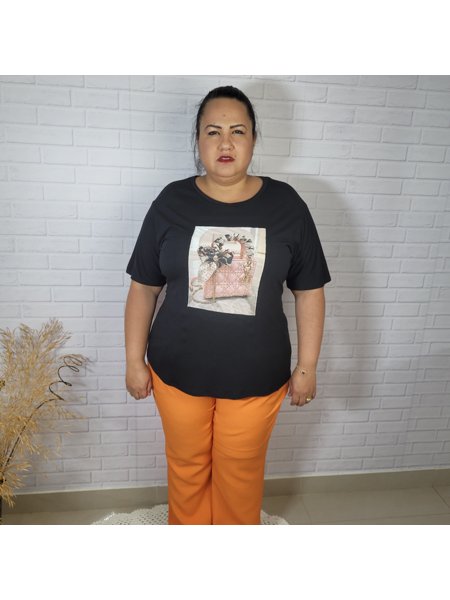 T-shirt Plus Size Aplicação de Strass Laranja