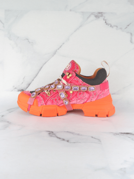 Tênis Gucci Flashtreck Crystal Veludo GG Monogram Rosa | Zivē Club
