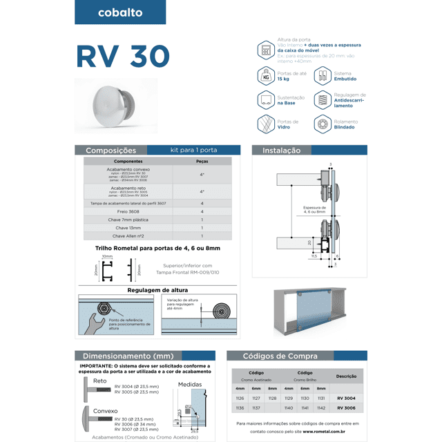 Sistema Deslizante RV 30 para Porta de Vidro 4mm 3004 Acetinado Rometal