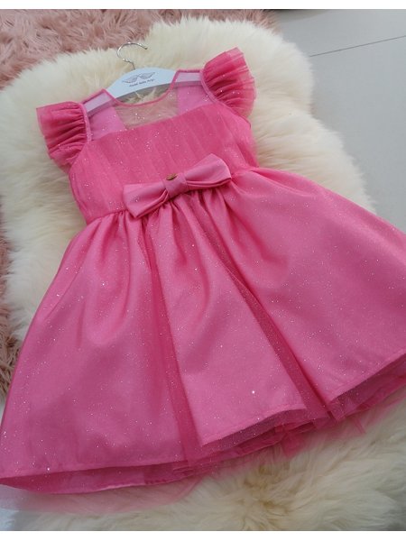 Vestido Infantil Barbie Rosa Chiclete Glitter e Estrelas - Fabuloso Ateliê