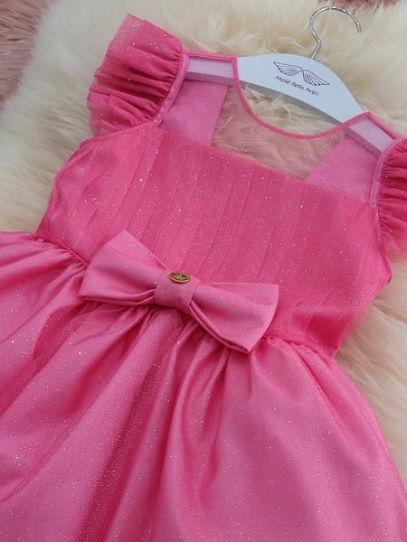 Vestido Infantil Barbie Rosa Chiclete Glitter e Estrelas - Fabuloso Ateliê