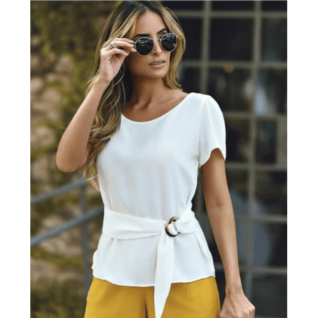 Blusa manga corta con cinturón  Roupas simples, Blusas femininas, Moda