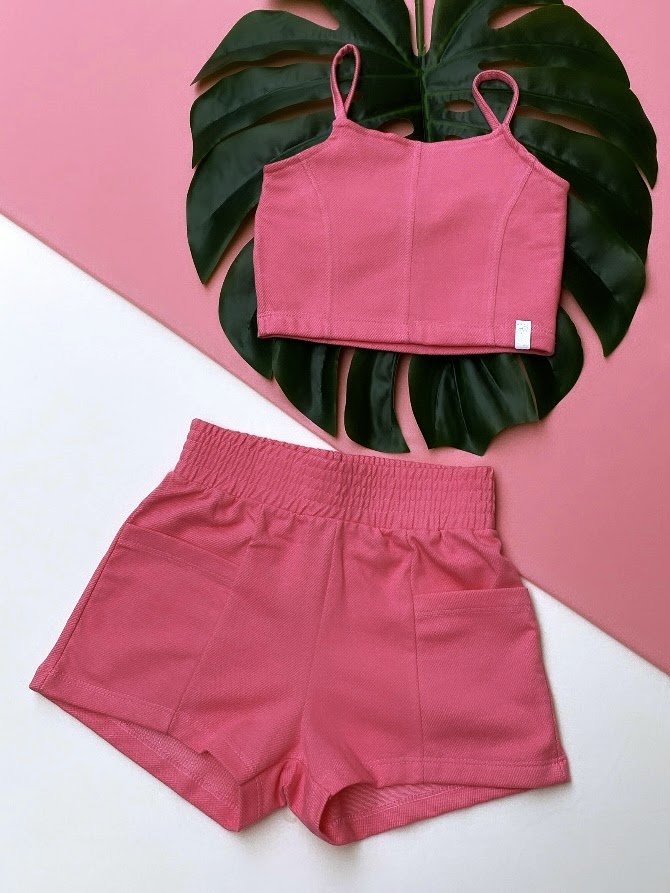 Conjunto Infantil Cropped e Short Cor Rosa Shein