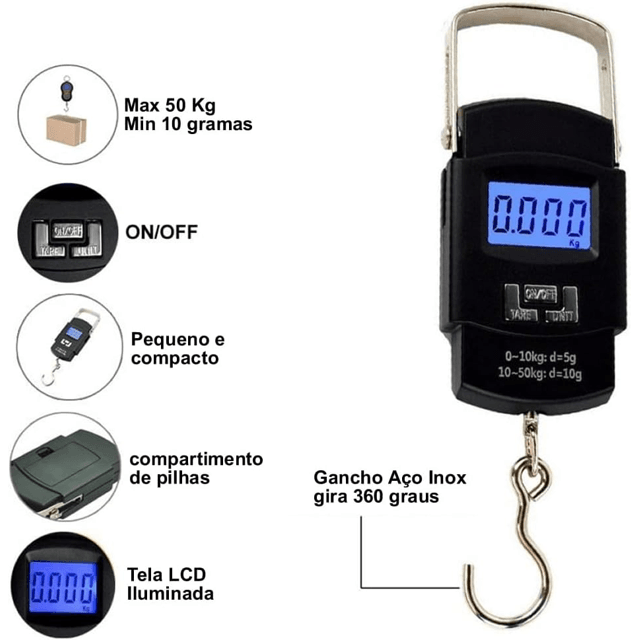 Balança P Balança Digital Portátil Gancho P/Pesca bagagem 50 Kgs Ka-b111 | CiaGames