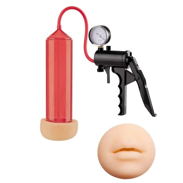 Bomba Peniana com Anel em Formato de Boca e Manômetro Lust Pumper Vermelha - Nanma