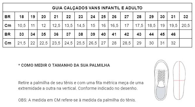 Tabela de medidas vans old shops skool
