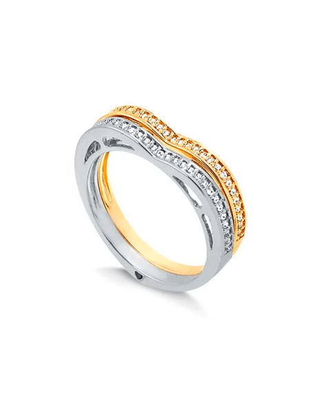 Duo de anéis com formato de coração e fileira de zircônia folheado em ródio branco e ouro 18k