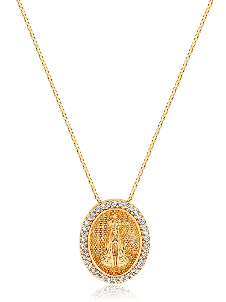 Colar com Medalha de Nossa Senhora Aparecida Cravejado de Zircônias folheado em ouro 18k