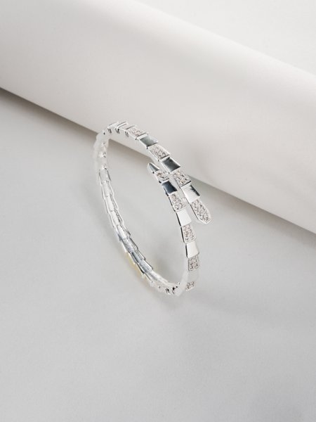 Bracelete Click de Cobra Liso e com Zircônias folheado em ródio branco