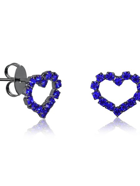 Brinco coração vazado com mini cristais azul bic folheado em ródio negro