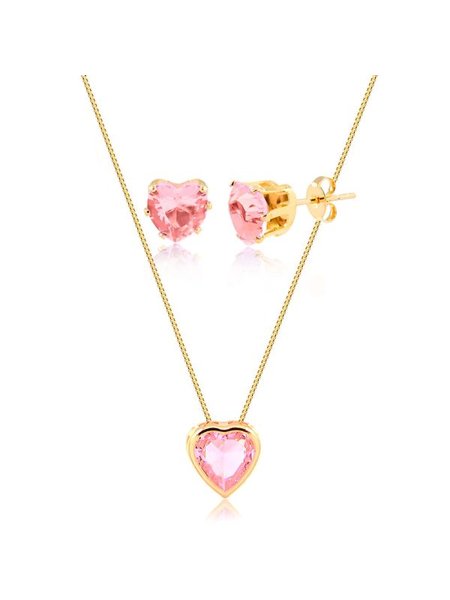 Conjunto de colar e brincos de coração com pedra rosa claro folheado em ouro 18k