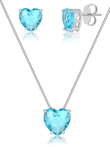 Conjunto de colar e brincos de coração azul folheado em ródio branco