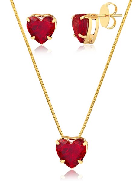 Conjunto de colar e brincos de coração com pedra fusion vermelha folheado em ouro 18k