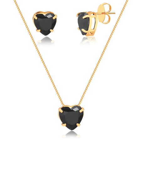 Conjunto de colar e brincos de coração com pedra natural preta folheado em ouro 18k