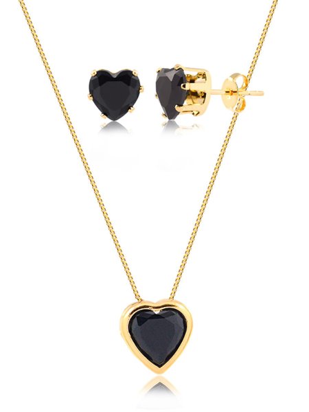 Conjunto de colar e brincos de coração com pedra preta folheado em ouro 18k