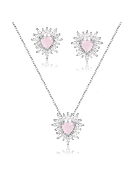 Conjunto de colar e brincos de coração com pedras navete rosa folheado em ródio branco