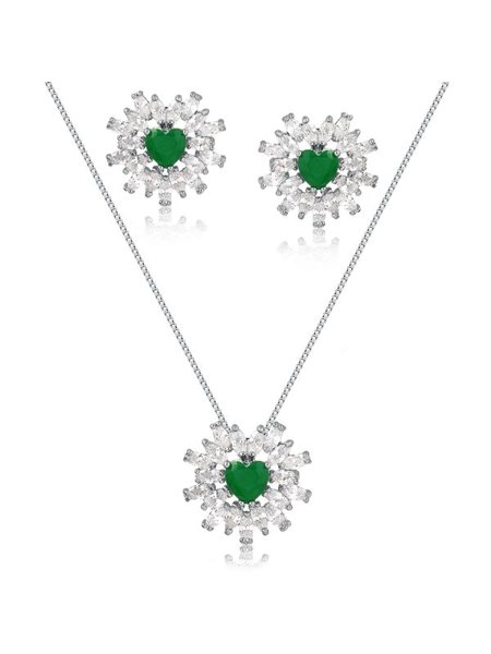 Conjunto de colar e brincos de coração com pedras navete verde folheado em ródio branco