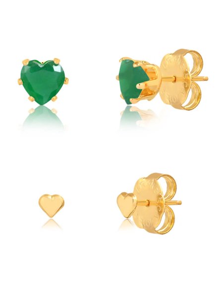Kit de brincos coração com pedra natural verde folheado em ouro 18k