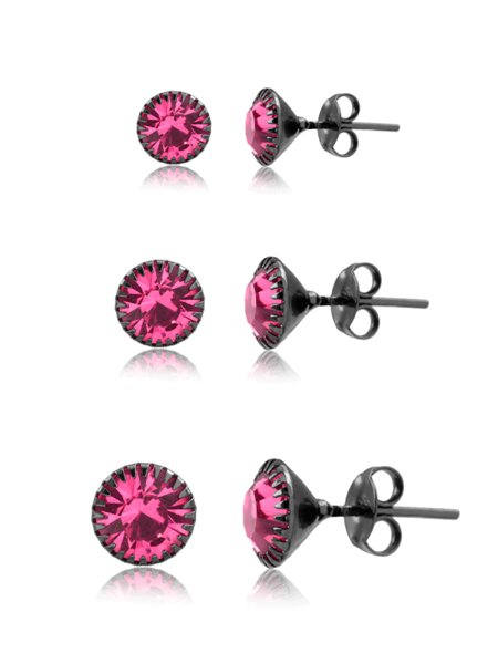 Trio de brincos redondos com cristais rosa folheado em ródio negro