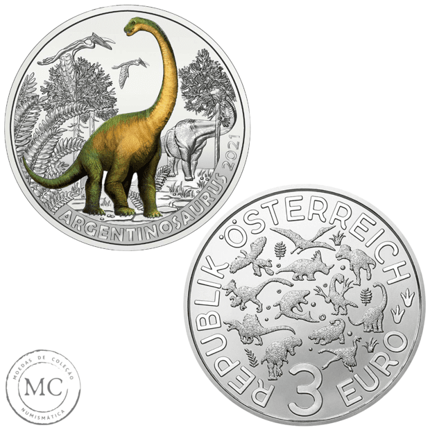 novita - Commemorative Estero - Austria - Serie Dinosauri:  Argentinosaurus - moneta da 3 euro con dettagli smaltati e fluorescenza