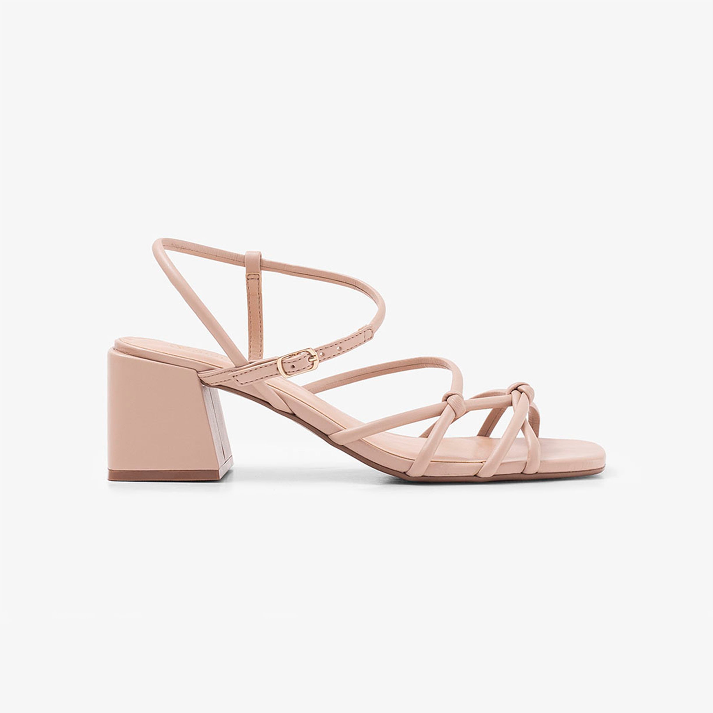 Sandália Feminina Tira de Trança Salto Medio Grosso Napa Nude - GiselaCosta