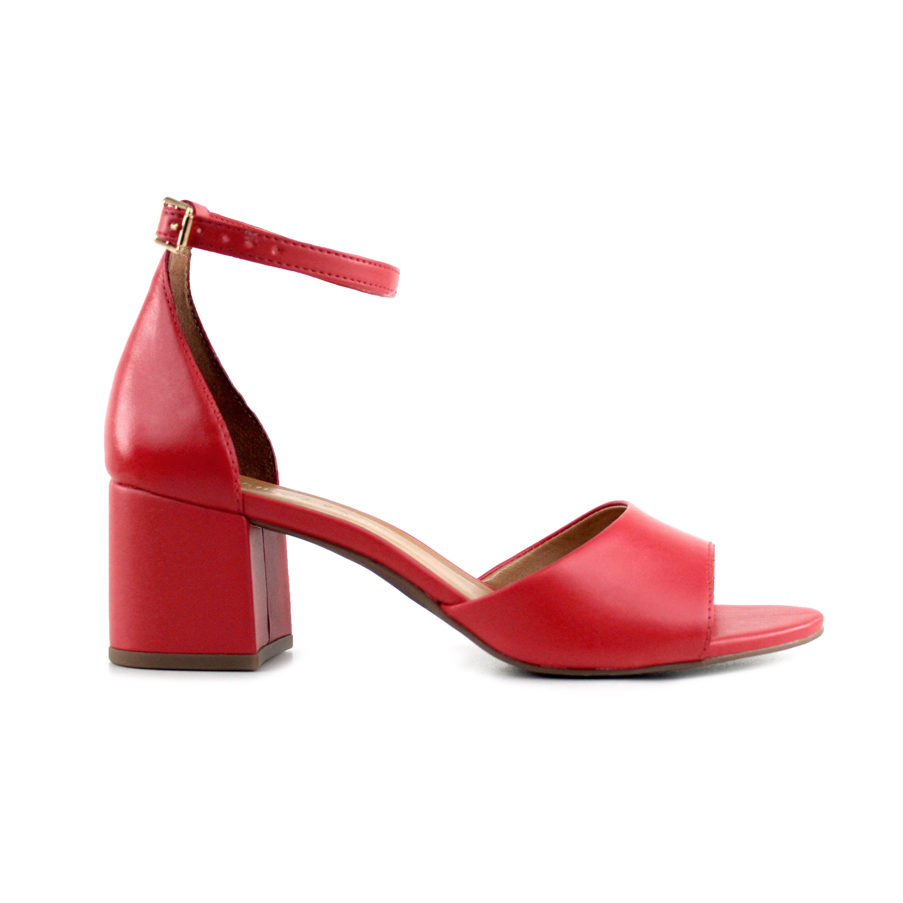 Sandália Couro Vermelho, Bico Arredondado e Salto Bloco Giulia