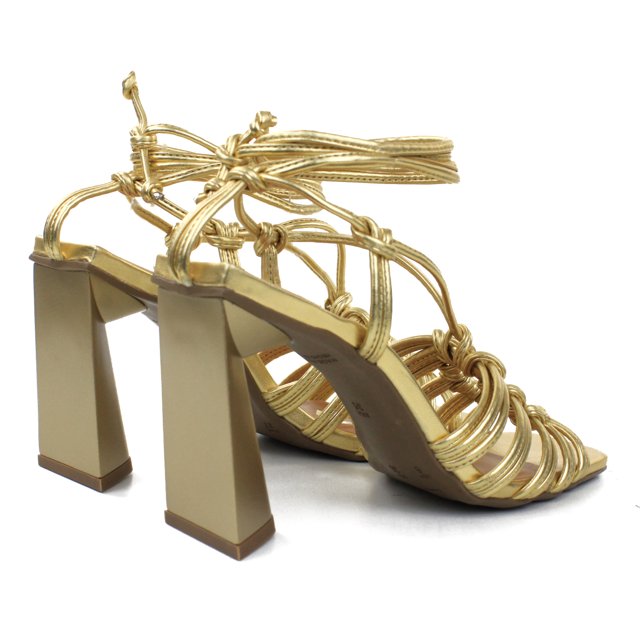 Sandália Dourada com Salto Assimétrico e Amarrações | Giulia Domna